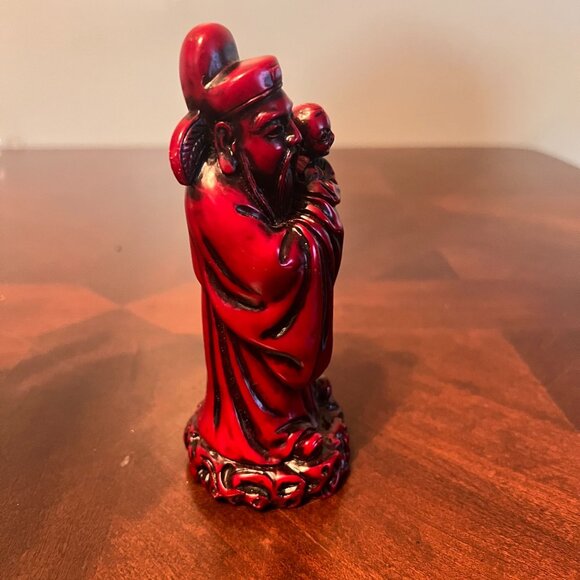Asian-Inspired Red Resin Figurine Elder Holding Child Detailed Decorative Statue - Picture 5 of 7